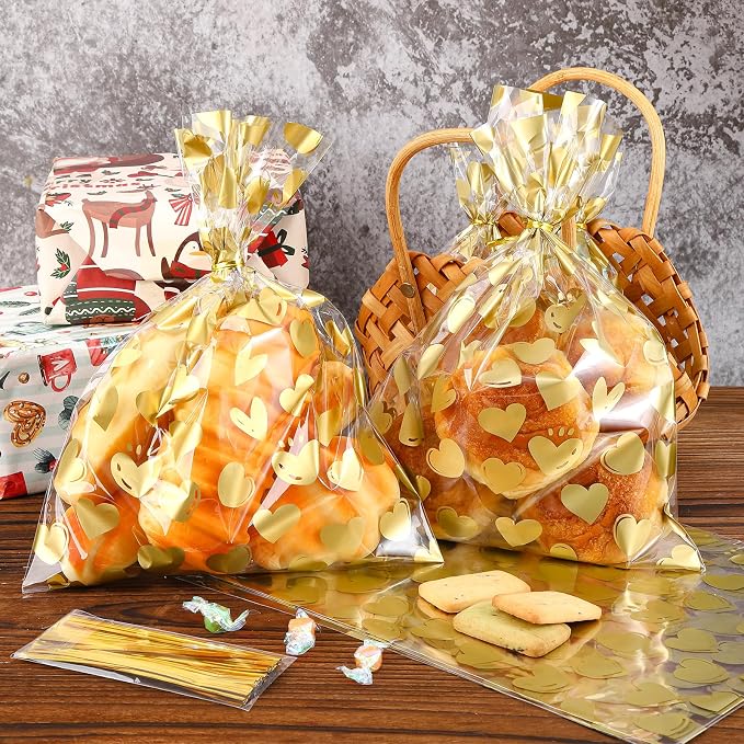 COQOFA 50 Pcs 9X12 IN Gold Heart Cello Cellophane Treat Bags - Image 4