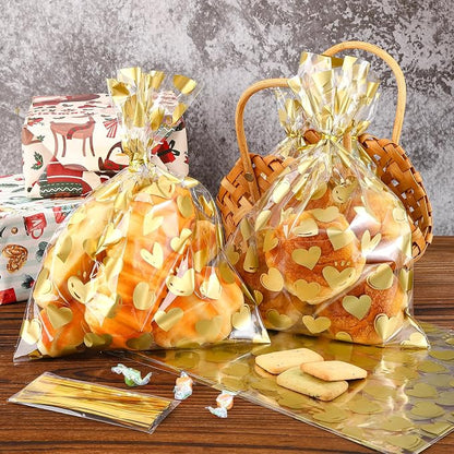 COQOFA 50 Pcs 9X12 IN Gold Heart Cello Cellophane Treat Bags - Image 4
