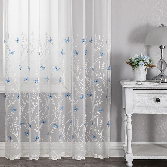White Sheer Voile Curtains White Embossed Butterflies 84 Inches | Light - Image 6