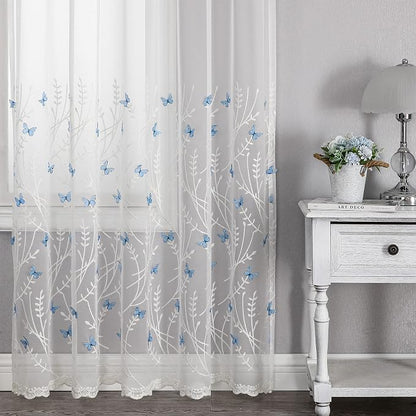 White Sheer Voile Curtains White Embossed Butterflies 84 Inches | Light - Image 6