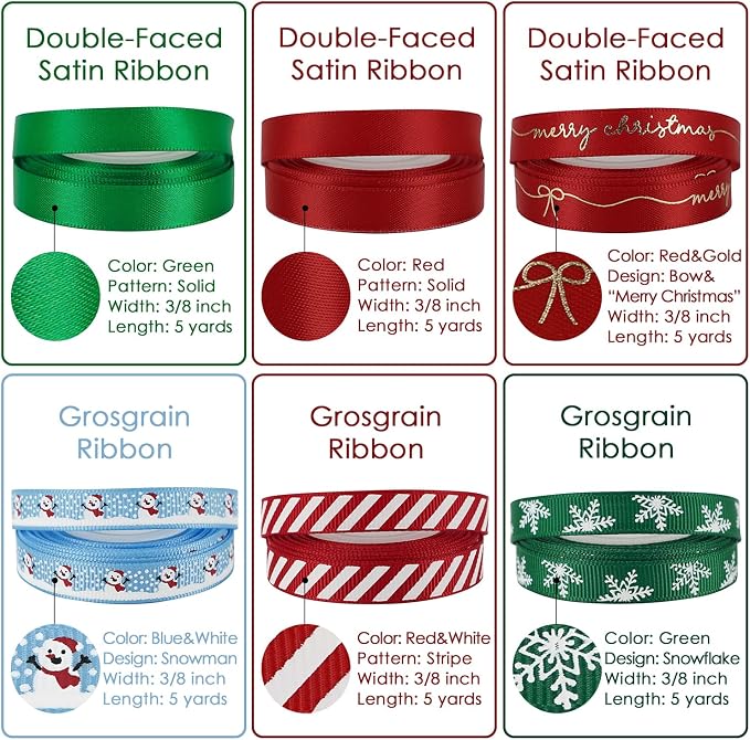 Christmas Ribbon 3/8 inch Thin Holiday Ribbon Set in Red, Xmas Wreath Decor - Image 4