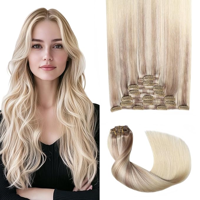 Pro2.0 Clip in Hair Extensions Real Human Hair 120g Thick 7pcs #18/22/60 Balayage Ash Blonde to Golden Blonde and Platinum Blonde Real Human Hair Extensions Clip ins 14inch（#18/22/60-14inch）