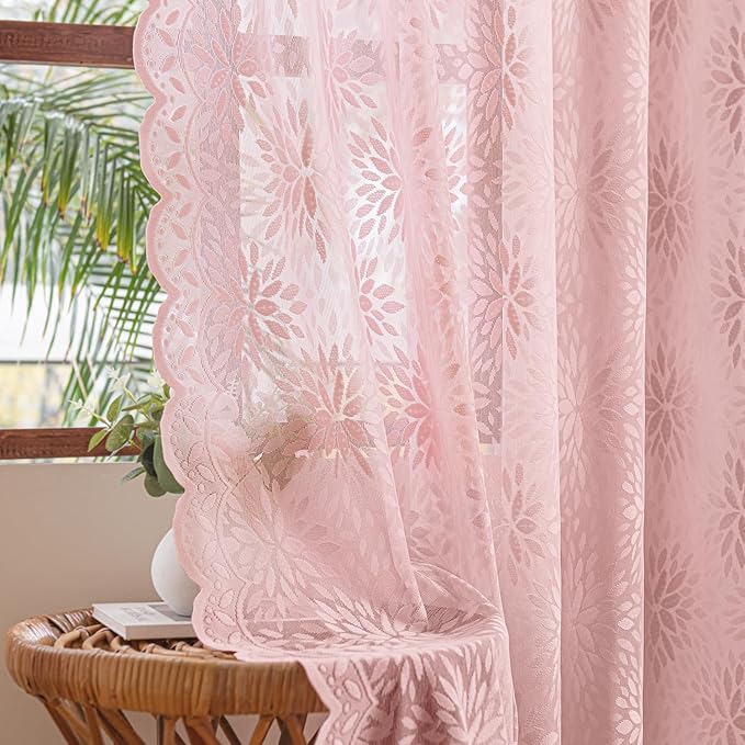 MIULEE Vintage Floral Scalloped Lace Curtains, Light Pink 52" W x 36" L | 2 by MIULEE