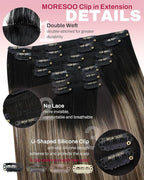 Moresoo Clip in Hair Extensions Remy Double Weft Human Hair Clip in Extensions Straight Balayage Hair Extensions for Women Ombre Black Mixed with Silver Grey 7pcs 150g 22inch
