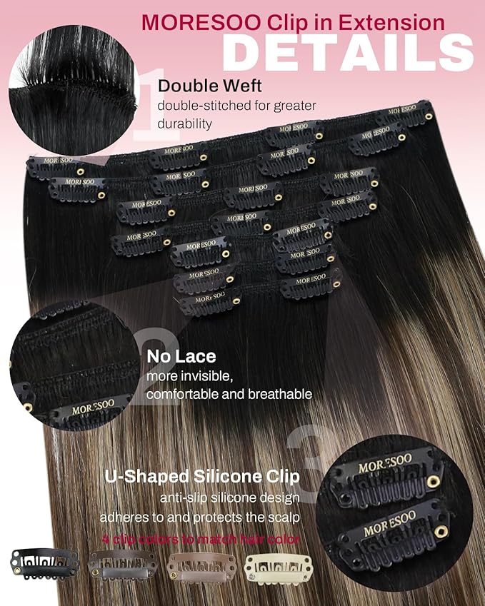 Moresoo Human Hair Clip in Extensions Balayage Remy Human Hair Extensions Clip ins Ombre Black and Brown with Dark Golden Blonde 7pcs 135g 18 Inch