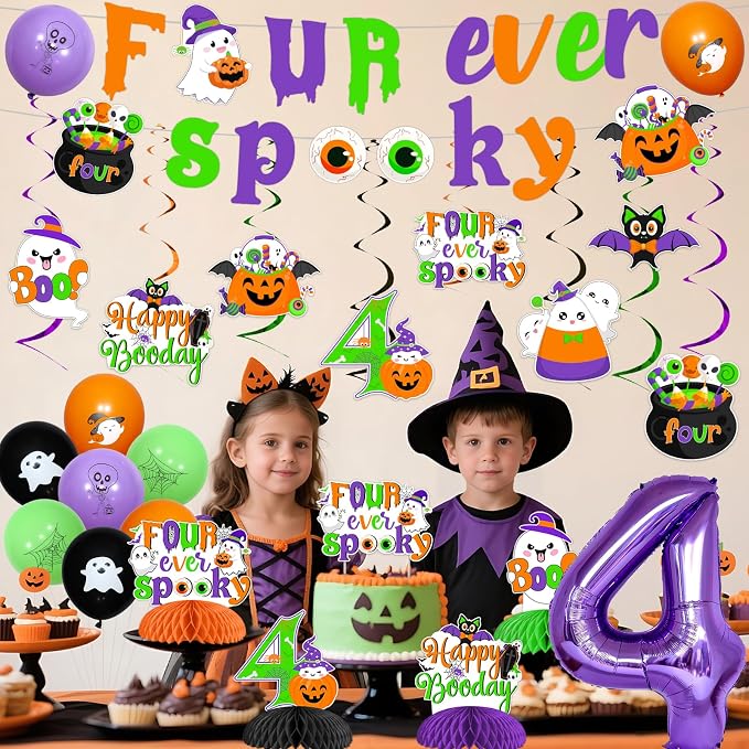 Halloween 4th Birthday Party Decorations Four Ever Spooky Backdrop Banner - Image 4