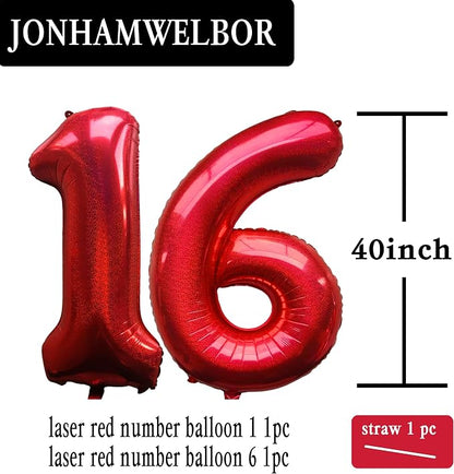 Jonhamwelbor 40 Inch Laser Red Number 16 Balloon Foil Mylar Giant Balloon - Image 2