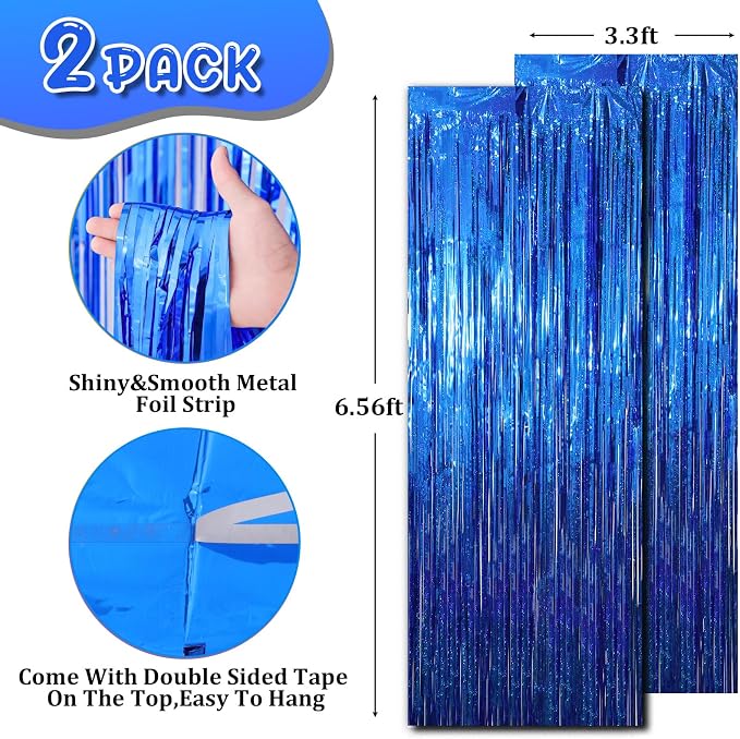 Voircoloria Laser Blue Foil Fringe Backdrop Curtains, 2 Pack | Tinsel Streamers - Image 3