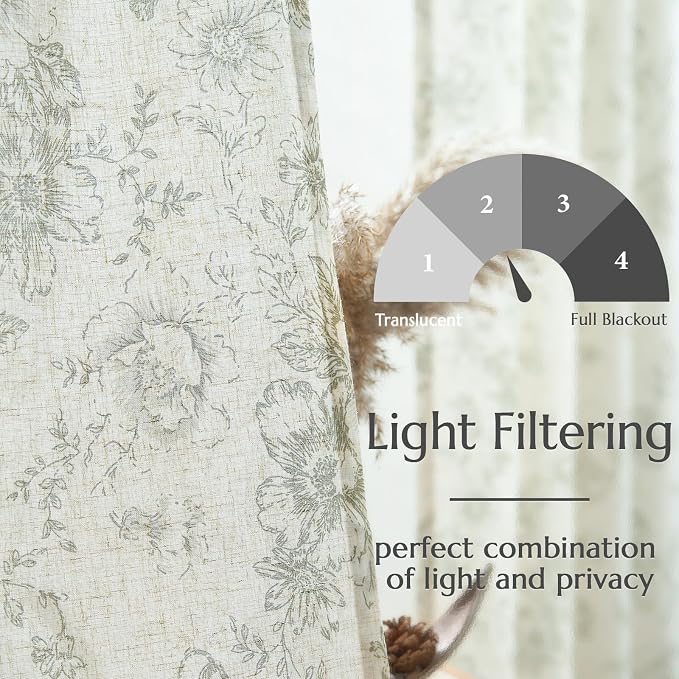 jinchan Green Floral Linen Curtains 84 Inch Vintage Back Tab 2 Panels | Light - Image 3