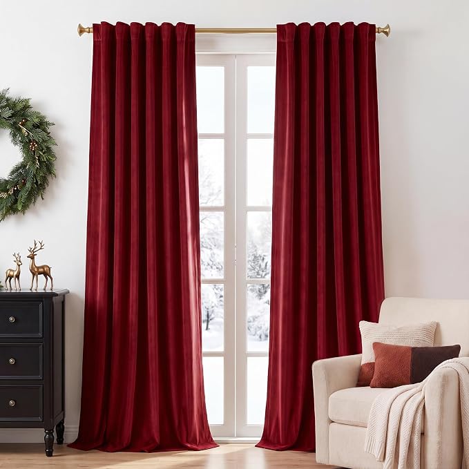 Red Velvet Curtains Extra Long for Chrismas Decor, W52 x L105, Room Darkening by StangH