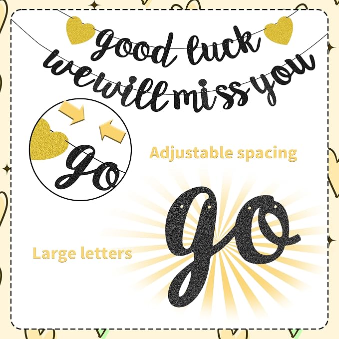 Good Luck We Will Miss You Banner Glitter Black Gold Banner Balloon Garland - Image 3