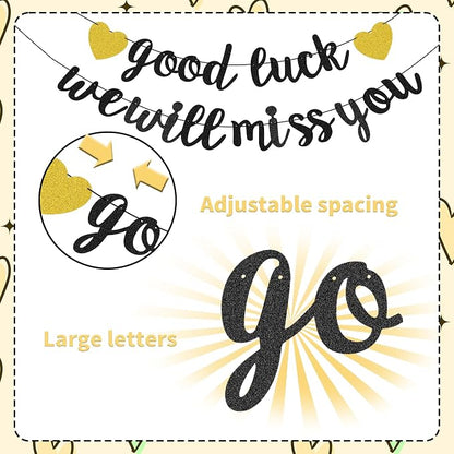 Good Luck We Will Miss You Banner Glitter Black Gold Banner Balloon Garland - Image 3