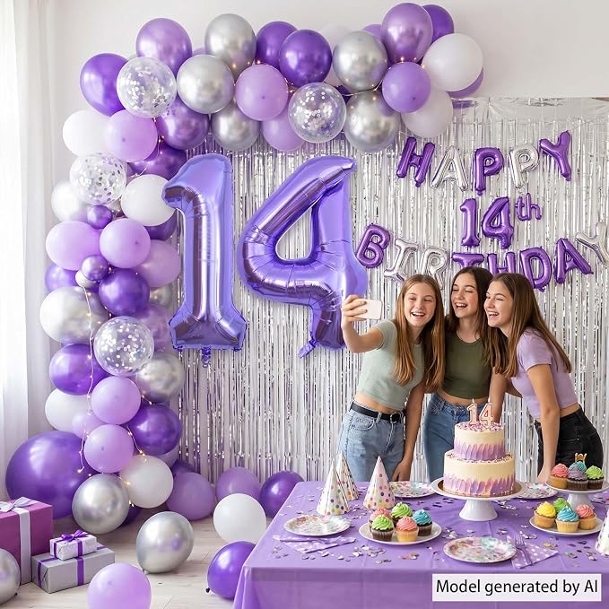 Purple Number 14 Balloon 40 Inch, Giant Metallic Foil 14th Birthday Decorations - Image 2