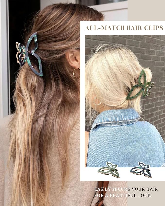 ACECHA 2 Pack Gold Metal Bow Hair Claw Clips for Women, Large Non-slip Butterfly Hairclips for Thin Thick Hair Claws Strong Hold Styling (Green)