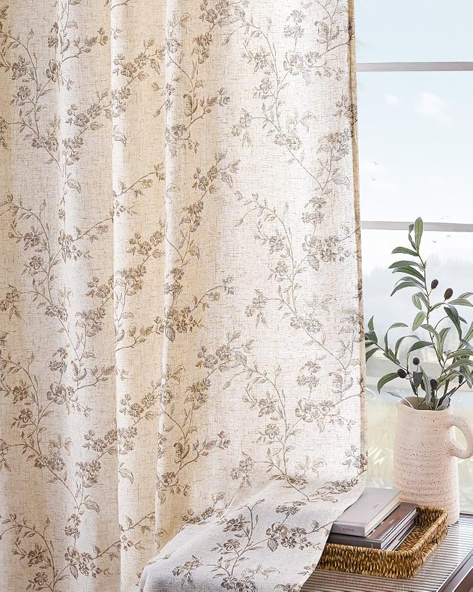Extra Long Taupe Vintage Floral Linen Curtains Farmhouse 2 Panels | Elisa Series - Image 9
