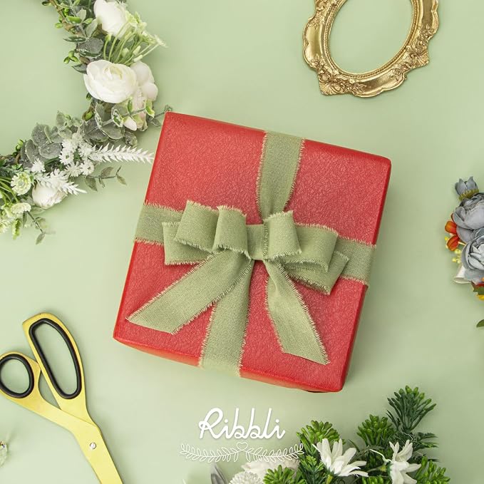Ribbli 3 Rolls Sage Green Ribbon 1 Inch x 18 Yards Handmade Cotton Frayed - Image 2