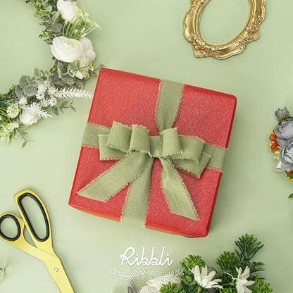 Ribbli 3 Rolls Sage Green Ribbon 1 Inch x 18 Yards Handmade Cotton Frayed - Image 2