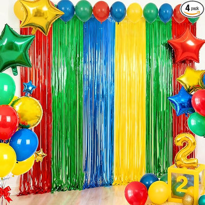 4 Packs Blue Red Green Yellow Foil Fringe Curtain, Baby Shower, Video Game by BSRESIN