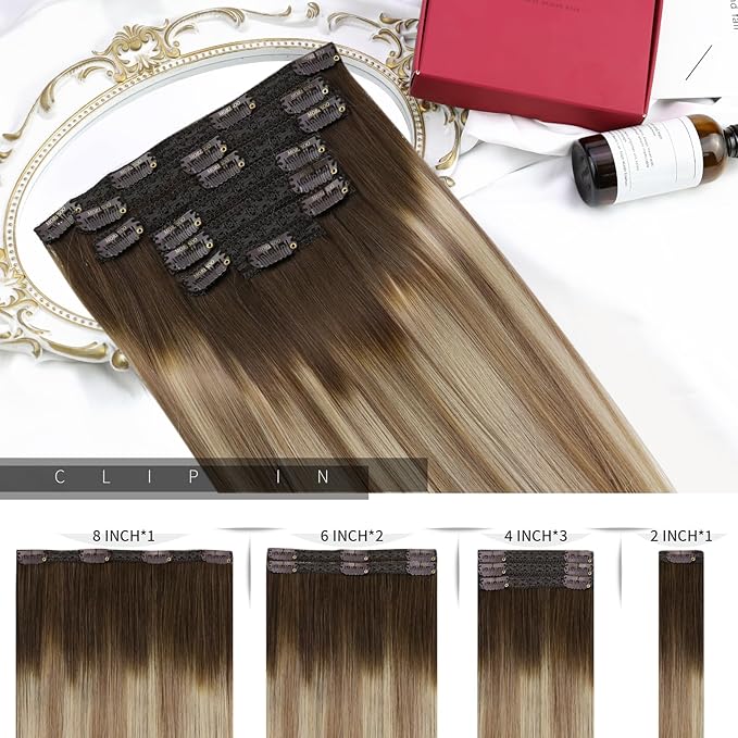 Moresoo Balayage Hair Extensions Clip in Real Human Hair Brown to Light Brown with Golden Blonde Ombre Clip in Extensions Human Hair Double Weft Clip on Hair Extensions 7Pieces 120Grams 18inch