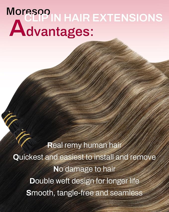 Moresoo Balayage Hair Extensions Clip ins Natural Black to Brown with Honey Blonde Clip in Real Human Hair Ombre Black to Blonde for Women Remy Human Hair Long Full Head 80g/5pcs 18 inch