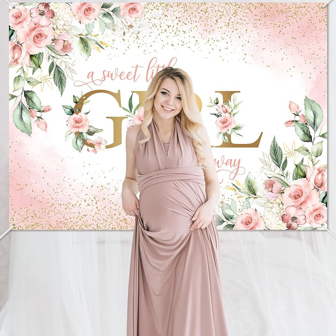 Avezano Girl Baby Shower Backdrop Pink Floral Sweet Baby Baby Shower Banner A - Image 7