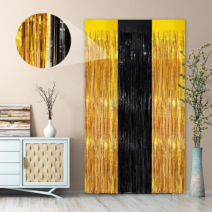 Black Gold Streamer Tinsel Foil Fringe Curtains Streamer 2Pack 3.3X 8.3Ft - Image 5