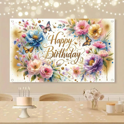 Floral Birthday Backdrop for Girls Spring Butterfly Happy Birthday Photography - Image 3