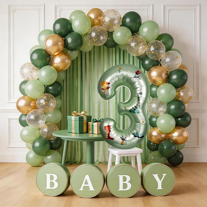 40 Inch Dinosaur Number 3 Balloon | Olive Green Number - Image 3