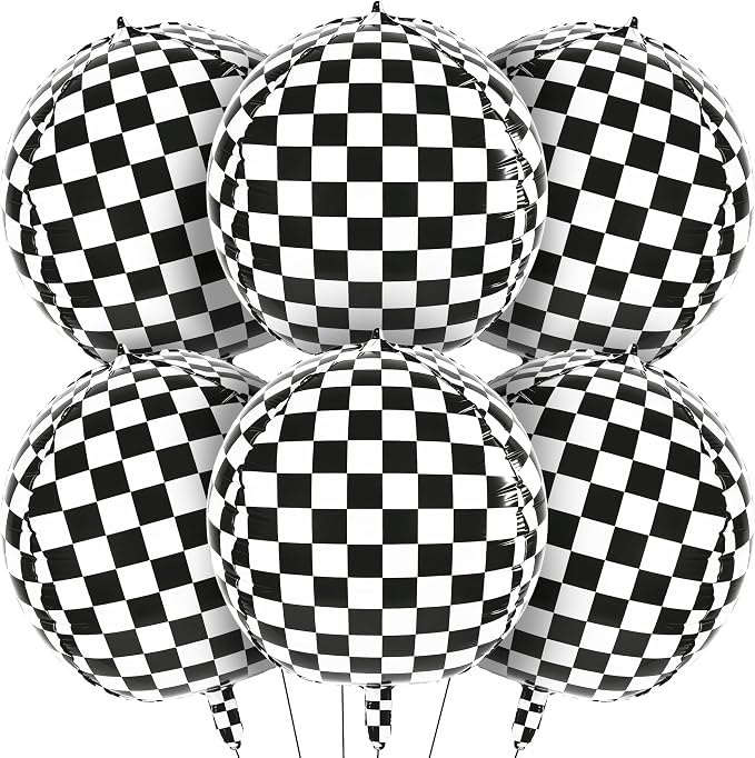 6 Pcs 4D Checkered Balloons, 22 Inch Black White Checkerboard Foil Balloons | by HTangparty