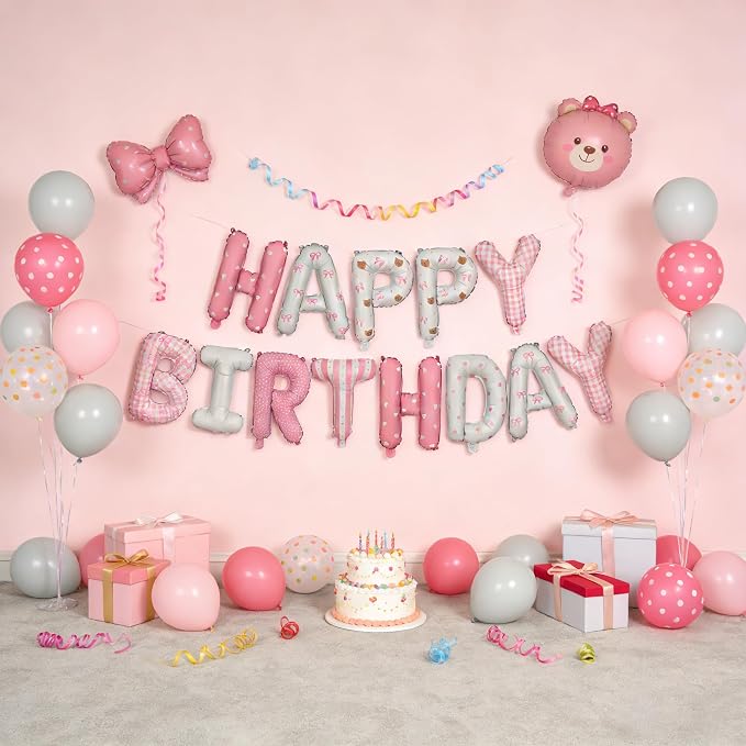 16in Happy Birthday Balloon Banner Happy Birthday Bow Bear Letter Balloon | - Image 6