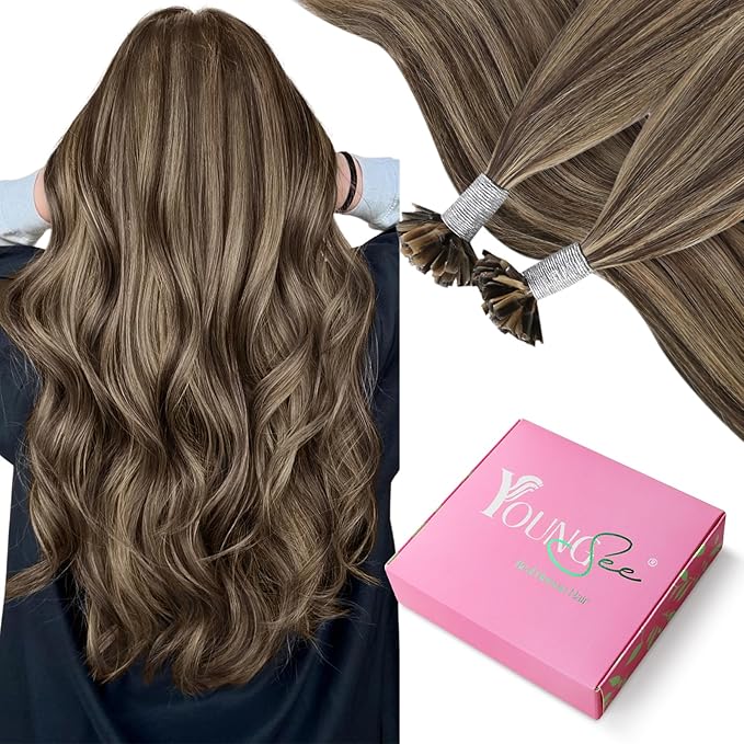 YoungSee U Tip Hair Extensions Human Hair Highlight Brown with Blonde Utip Hair Extensions Human Hair Brown U Tip Hair Extension Highlight Keratin Hair Extension for Women 16In 1G/S 50G