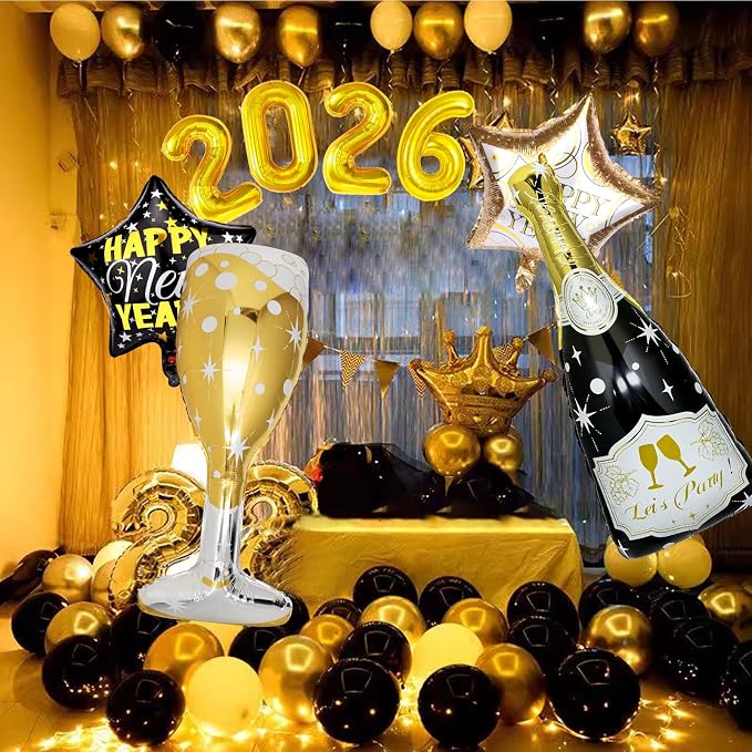 4 Pcs Champagne Balloons, Huge Black Gold Champagne Bottle Goblet Aluminum Foil - Image 9