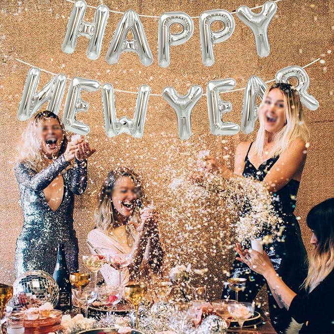TONIFUL Silver Happy New Year Balloons 16 Inches Mylar Foil Letter Sign Banner - Image 6