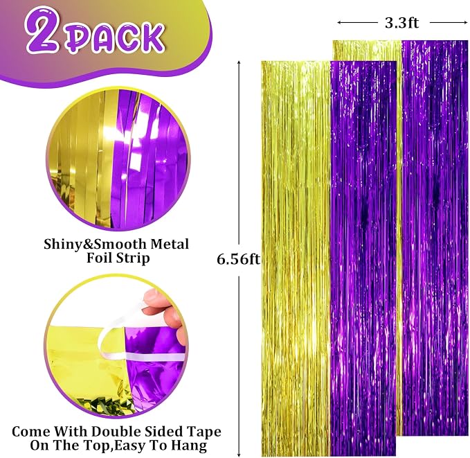 Voircoloria Purple Gold Foil Fringe Backdrop Curtains, 2 Pack | Tinsel Streamers - Image 2
