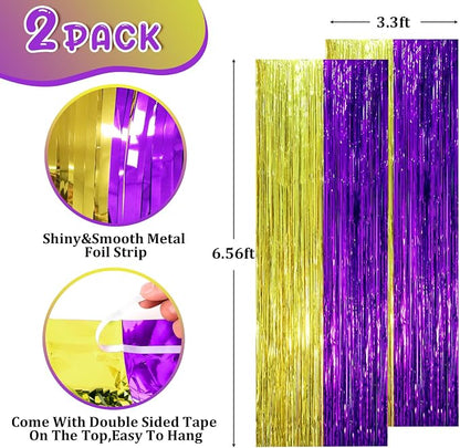 Voircoloria Purple Gold Foil Fringe Backdrop Curtains, 2 Pack | Tinsel Streamers - Image 2