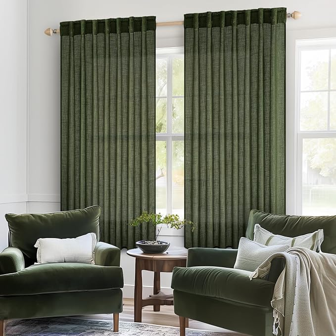 MIULEE Olive Green Short Linen Curtains 52x45 Inch Long 2 Panel - Image 2
