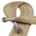 YoungSee Nano Hair Extensions Real Human Hair Blonde Highlight Nano Ring Remy Hair Extension Ash Brown Highlights Golden Blonde Pre Bonded Nano Extensions Silky Straight 16 inch 50g 50s