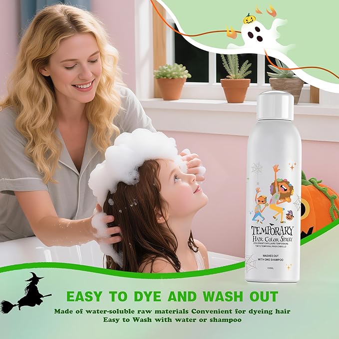 Green Temporary Hair Color Spray for Kids, Instant Colored Hair Dye Alternative for Girls Boys Teens Women Men, Disposable Washable, Quick Styling for Party Cosplay Christmas Halloween, 150ml