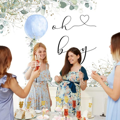 Mocsicka Oh Boy Watercolor Blue Balloon Backdrop Greenery Boy Baby Shower - Image 6