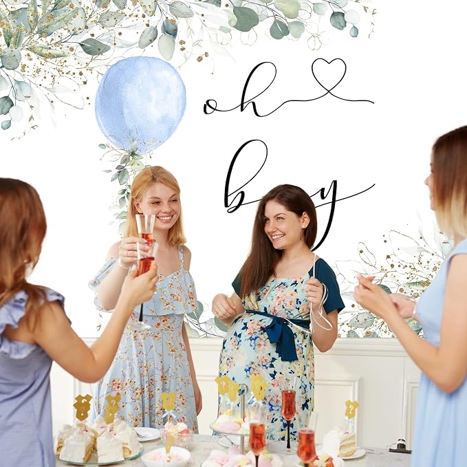 Mocsicka Greenery Oh Boy Baby Shower Backdrop 7x5ft | Blue Balloon, Botanical - Image 6