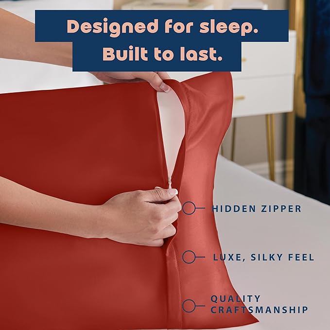 BLISSFORD Satin Pillowcase with Zipper, for Hair and Skin Care, Feels Soft and Cool Like a Silk Pillowcase, Satin Pillow Cases 2 Pack, Slik Pillow Cover, Rust - Standard Size, Set of 2
