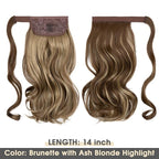 CJL HAIR 14" Short Ponytail Hair Extension Wrap Around Pony Tail Clip in Curly Wavy Synthetic Fake Hairpiece for Women Ash Medium Brown/Ash Blonde