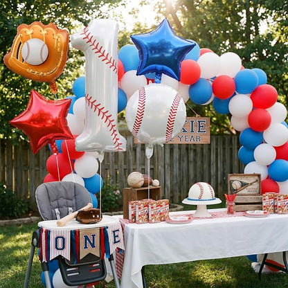 Jenaai Number 1 Baseball Balloons White Red and Blue Baseball Glove Balloons - Image 4