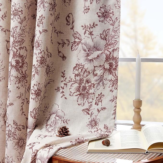 jinchan Red Floral Linen Blackout Curtains Lined 63 Inch Back Tab 2 Panels | - Image 3