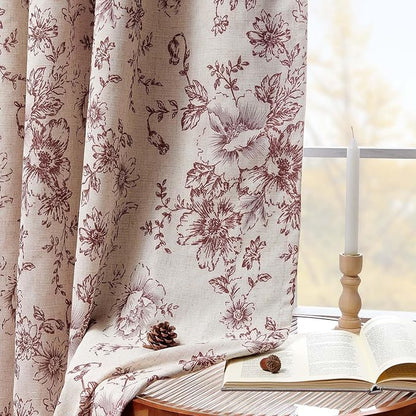 jinchan Red Floral Linen Blackout Curtains Lined 84 Inch Back Tab 2 Panels | - Image 3
