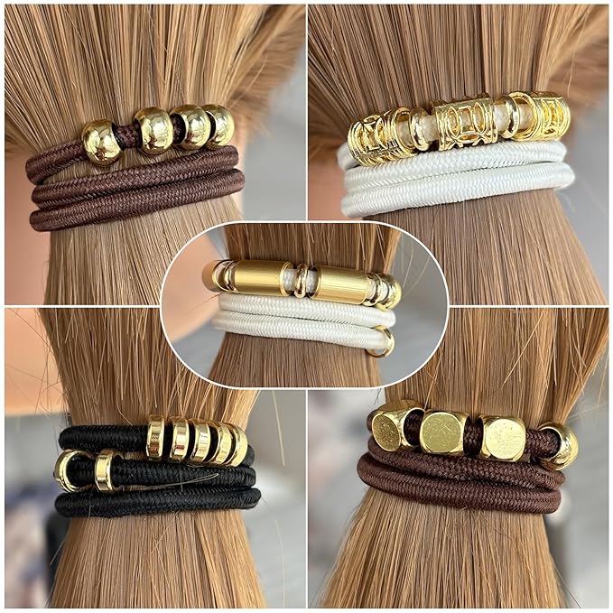 Blonde Bracelet Hair Ties for Women, 5 Pack Cute 3mm Thick Elastic Ponytail Holders Accessories No Damage Stretchy Beaded Pony Tails Hair Ties with Gold Metal Charms Beads