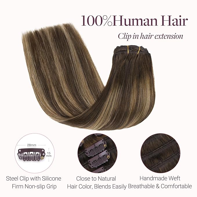 GOO GOO Clip in Hair Extensions Real Human Hair, Remy Human Hair Extensions Clip ins for Women, Natural Human Hair, 24inch 120g 7Pcs, 4/27/4 Balayage Chocolate Brown to Caramel Blonde