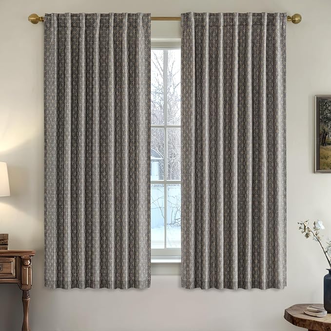 MIULEE Patterned Farmhouse Linen Curtains, Back Tab, Dark Grey | Linen Curtains - Image 2
