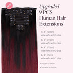 GOO GOO Clip in Hair Extensions Real Human Hair, Remy Human Hair Extensions Clip ins for Women, Natural Human Hair, 14inch 150g 9 Pcs, #1/99j Balayage Jet Black to Red