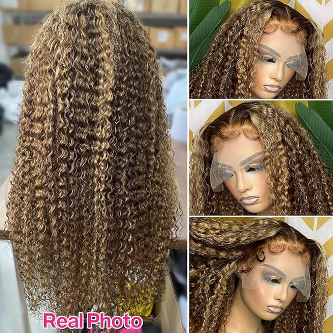 CYNOSURE Honey Blonde Ombre Lace Front Wig Human Hair 13x5 Highlight Deep Wave Curly Wig 4/27 Colored HD Transparent Lace Front Wigs Pre Plucked with Baby Hair 180% Density 24 Inch